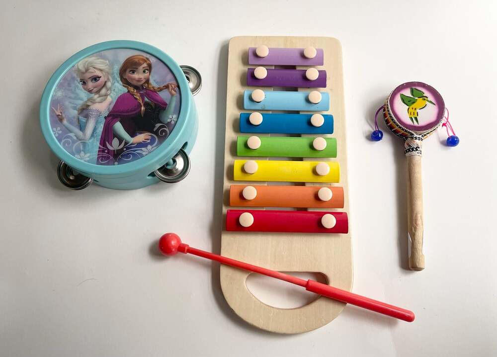 Hape Wooden Xylophone E0305 with Frozen Tambourine and Puerto Rico Maraca Musica